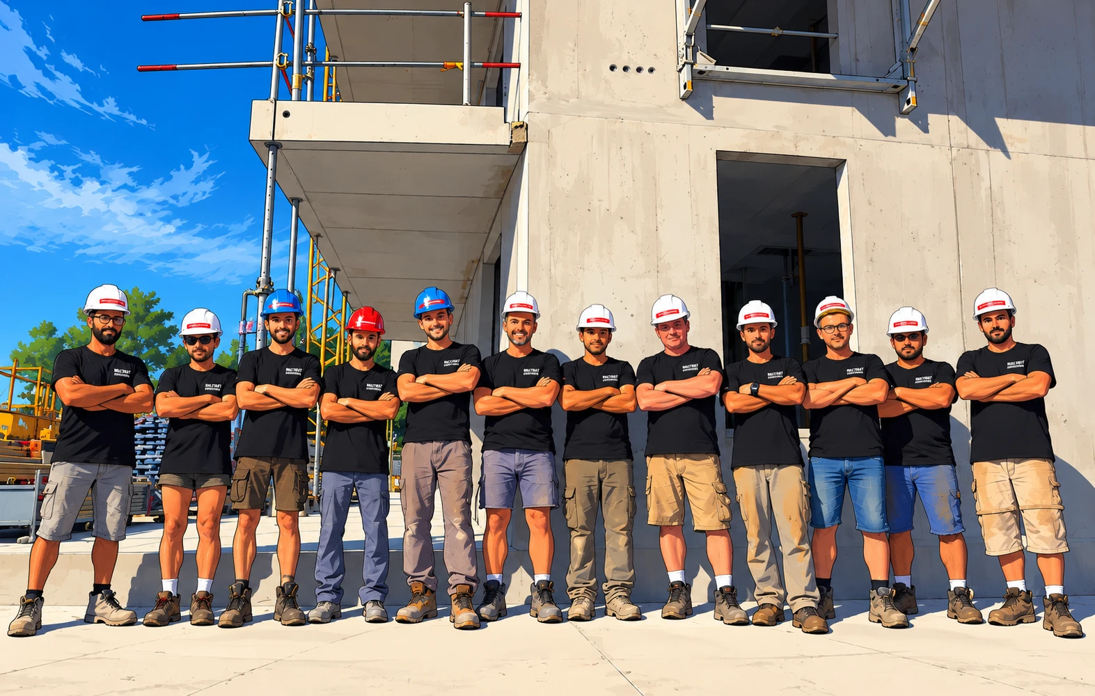 Les douze salariés de MBK réunis devant un chantier